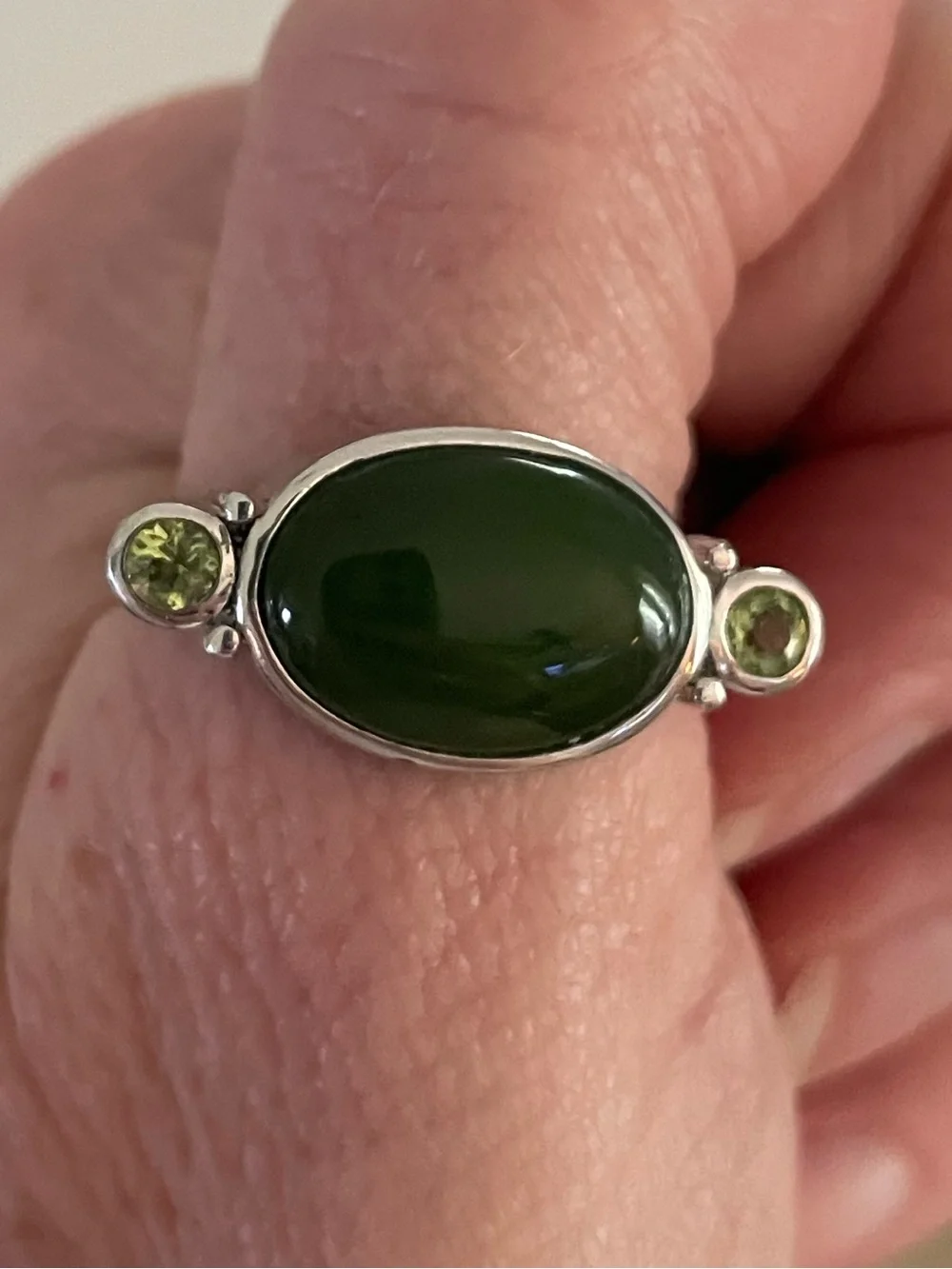Green Jade and Peridot Sterling Silver Ring